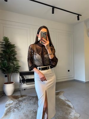 Acıkahve Pullu Garnilli Gömlek