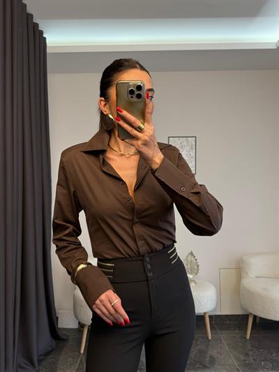 Acıkahve Vatkalı Omzu Dikişli Slim Fit Gomlek 