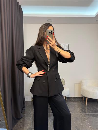 Siyah Balon Kol Belden Oturtmalı Blazer