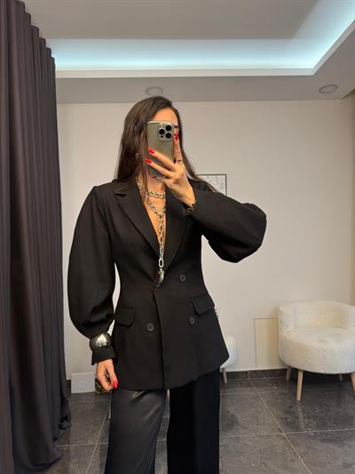 Siyah Balon Kol Belden Oturtmalı Blazer