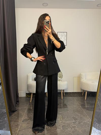 Siyah Balon Kol Belden Oturtmalı Blazer