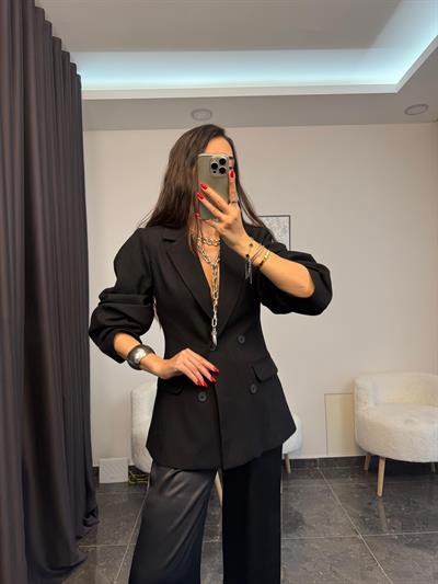 Siyah Balon Kol Belden Oturtmalı Blazer