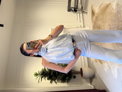 Bebe Mavi Gül Broşlu Halter Yaka Bluz