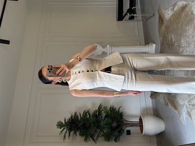 Bej Gold Düğme Detaylı Yelek Pantolon Takımı