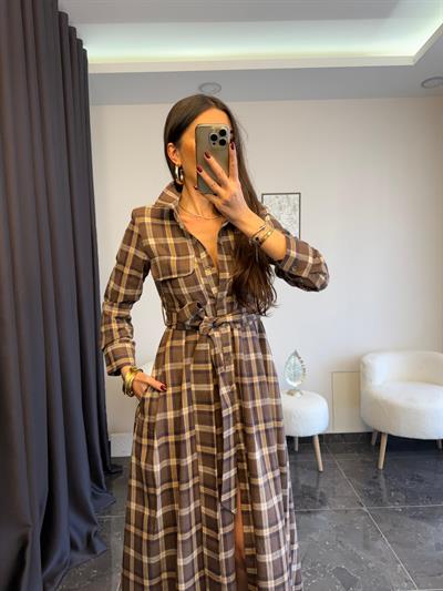 Belden Kuşaklı Boydan Düğmeli Ekose Gomlek Elbıse 