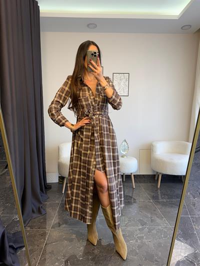 Belden Kuşaklı Boydan Düğmeli Ekose Gomlek Elbıse 