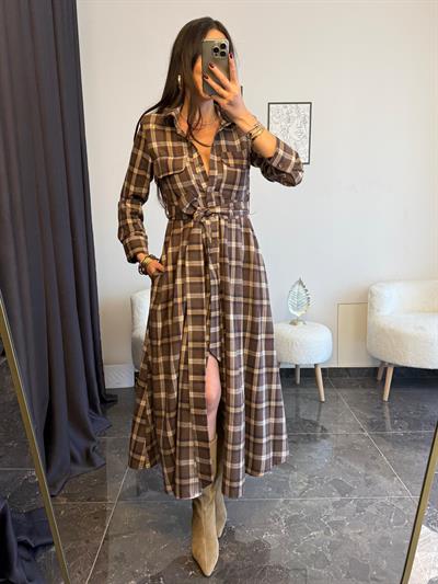 Belden Kuşaklı Boydan Düğmeli Ekose Gomlek Elbıse 