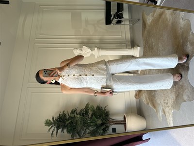 Beyaz Güpür İşlemeli Denim Takım