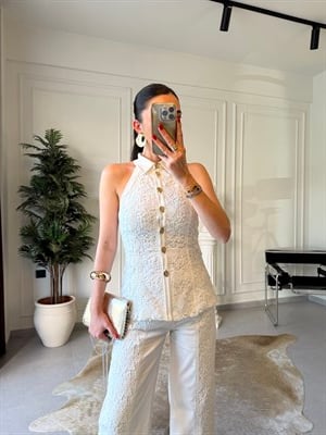 Beyaz Güpür İşlemeli Denim Takım