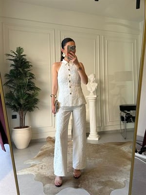 Beyaz Güpür İşlemeli Denim Takım