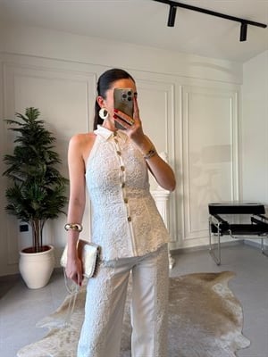 Beyaz Güpür İşlemeli Denim Takım