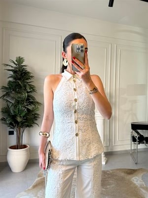 Beyaz Güpür İşlemeli Denim Takım