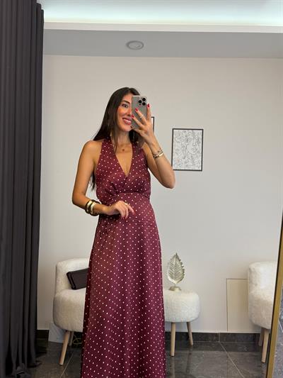 Bordo Puantiyeli V Yaka Uzun Elbise