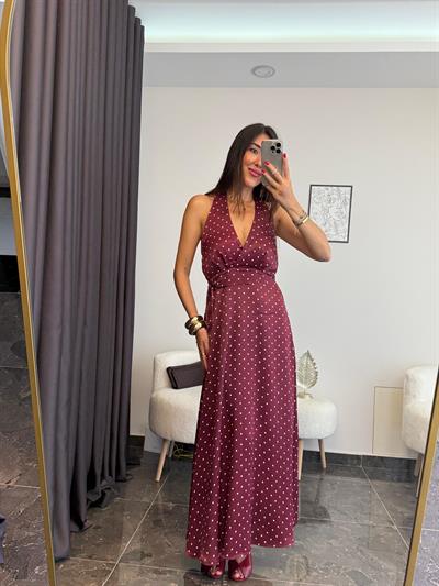 Bordo Puantiyeli V Yaka Uzun Elbise