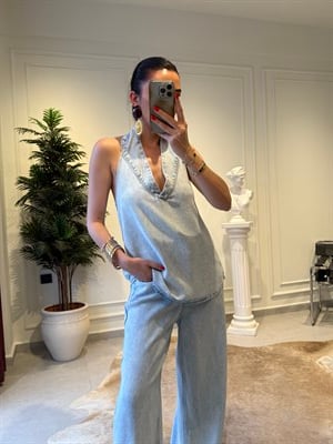 Buz Mavi Halter Yaka Bluz Pantolon Takım