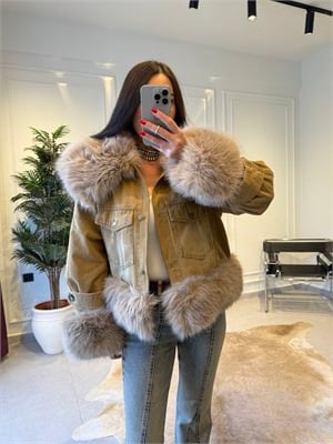Camel İthal Kürk Detaylı Denim Ceket