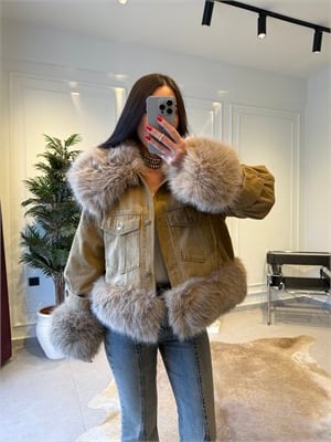 Camel İthal Kürk Detaylı Denim Ceket