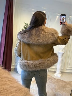 Camel İthal Kürk Detaylı Denim Ceket