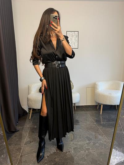 Çift Kemerli Tek Yırtmaçlı Pileli Etek 