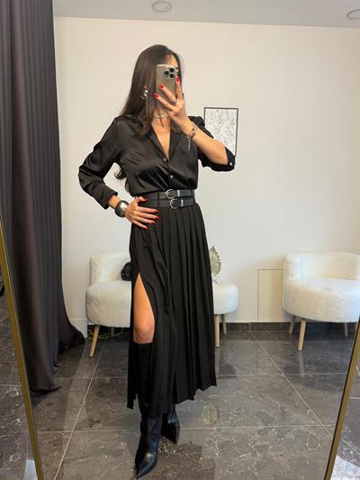 Çift Kemerli Tek Yırtmaçlı Pileli Etek 