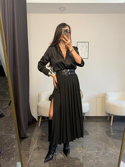 Çift Kemerli Tek Yırtmaçlı Pileli Etek 