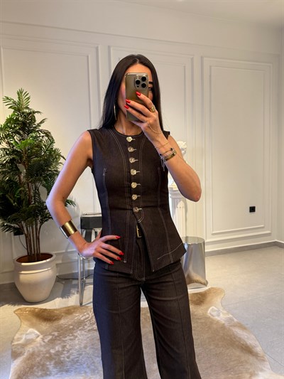 Denim Acıkahve Gold Düğmeli Yelek Ve Pantolon Takımı