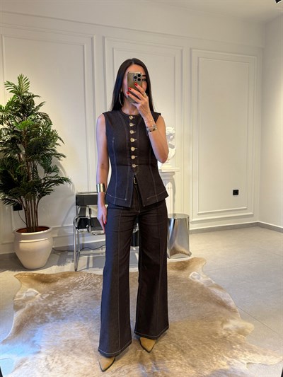 Denim Acıkahve Gold Düğmeli Yelek Ve Pantolon Takımı