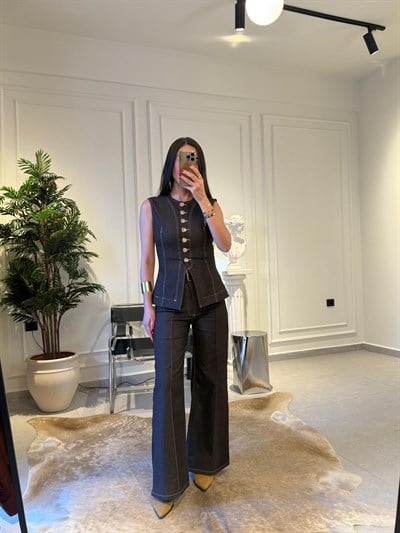 Denim Acıkahve Gold Düğmeli Yelek Ve Pantolon Takımı
