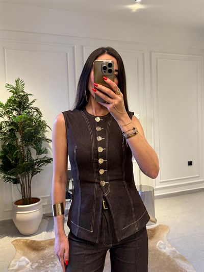 Denim Acıkahve Gold Düğmeli Yelek Ve Pantolon Takımı