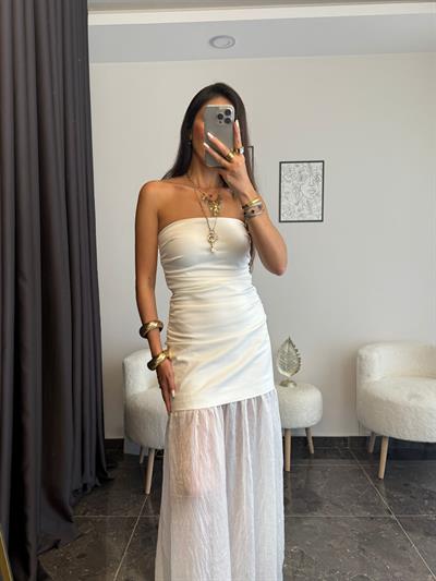 Drapeli Tül Detaylı Straplez Elbise