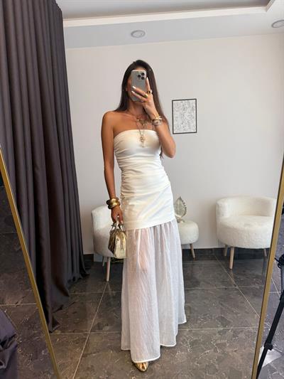 Drapeli Tül Detaylı Straplez Elbise