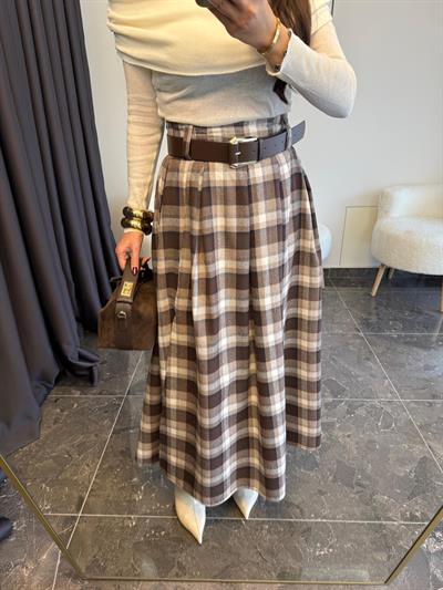 Ekose Desen Kemerli Yırtmaç Detaylı Kahve Etek