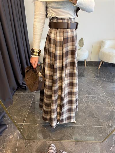 Ekose Desen Kemerli Yırtmaç Detaylı Kahve Etek