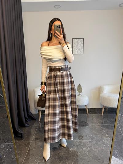 Ekose Desen Kemerli Yırtmaç Detaylı Kahve Etek