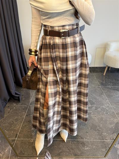 Ekose Desen Kemerli Yırtmaç Detaylı Kahve Etek