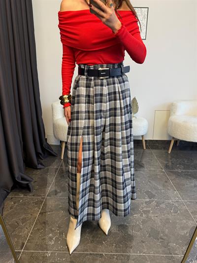 Ekose Desenli Kemerli Yırtmaç Detaylı Gri Etek