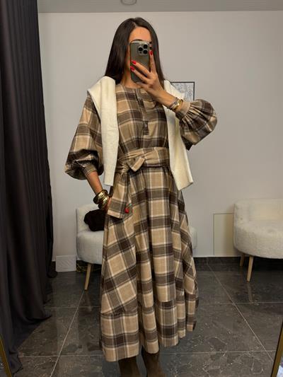 Ekose Desenli Midi Elbıse