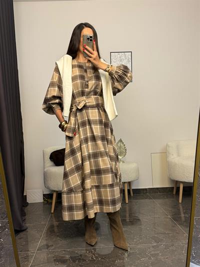 Ekose Desenli Midi Elbıse