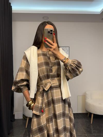 Ekose Desenli Midi Elbıse