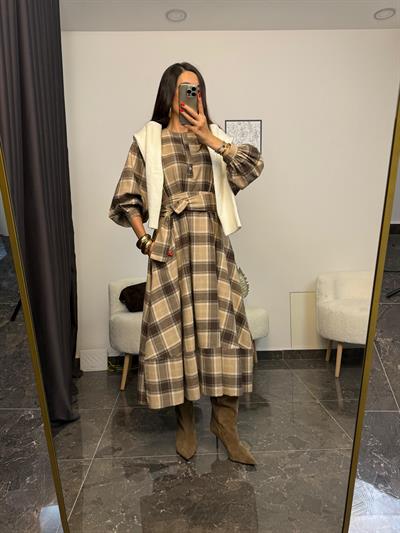 Ekose Desenli Midi Elbıse