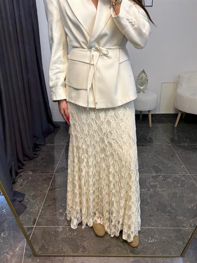 Ekru Volanlı Dantel Etek 