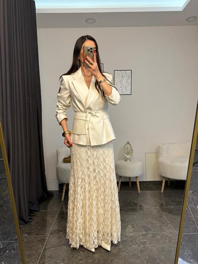 Ekru Volanlı Dantel Etek 