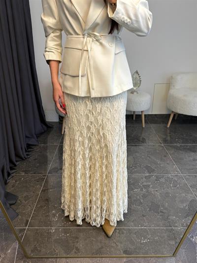 Ekru Volanlı Dantel Etek 