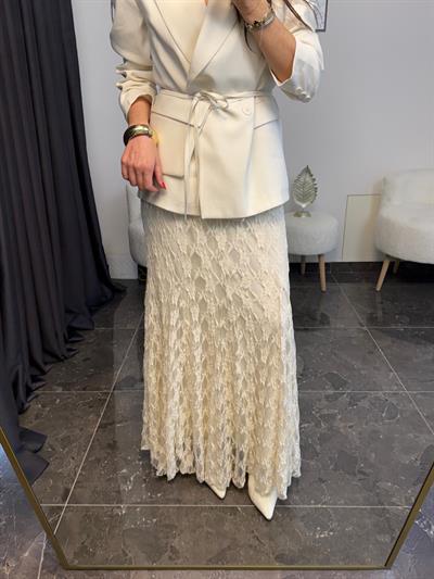 Ekru Volanlı Dantel Etek 