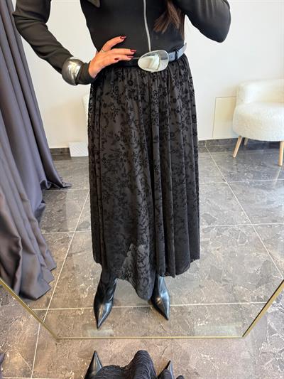 Flok Baskılı Asimetrik Kesim Siyah Etek