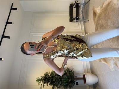 Gold Asimetrik Kesim Payetli Bluz