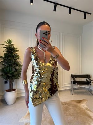 Gold Asimetrik Kesim Payetli Bluz