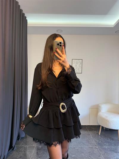 Gold Kemerlı Ve Dantel Detaylı Elbıse 