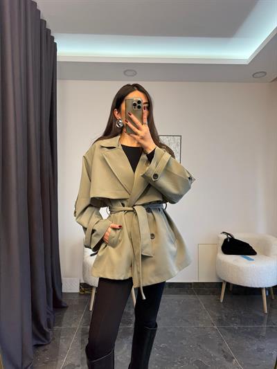 Haki Renk Apolet Detaylı Kısa Trenç