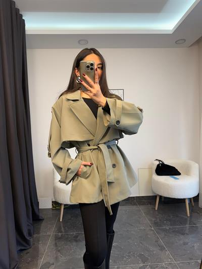 Haki Renk Apolet Detaylı Kısa Trenç